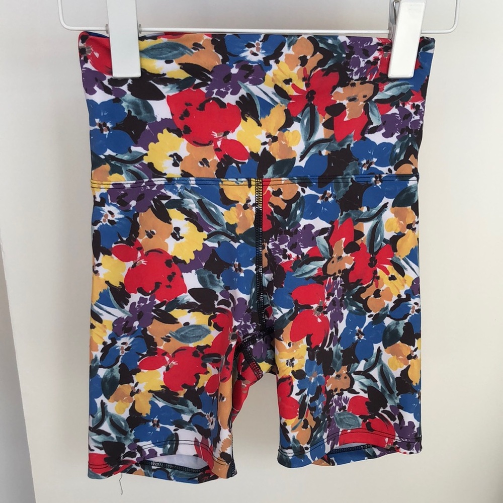 BeachRiot biker shirt with painted floral pattern in blue/red/yellow